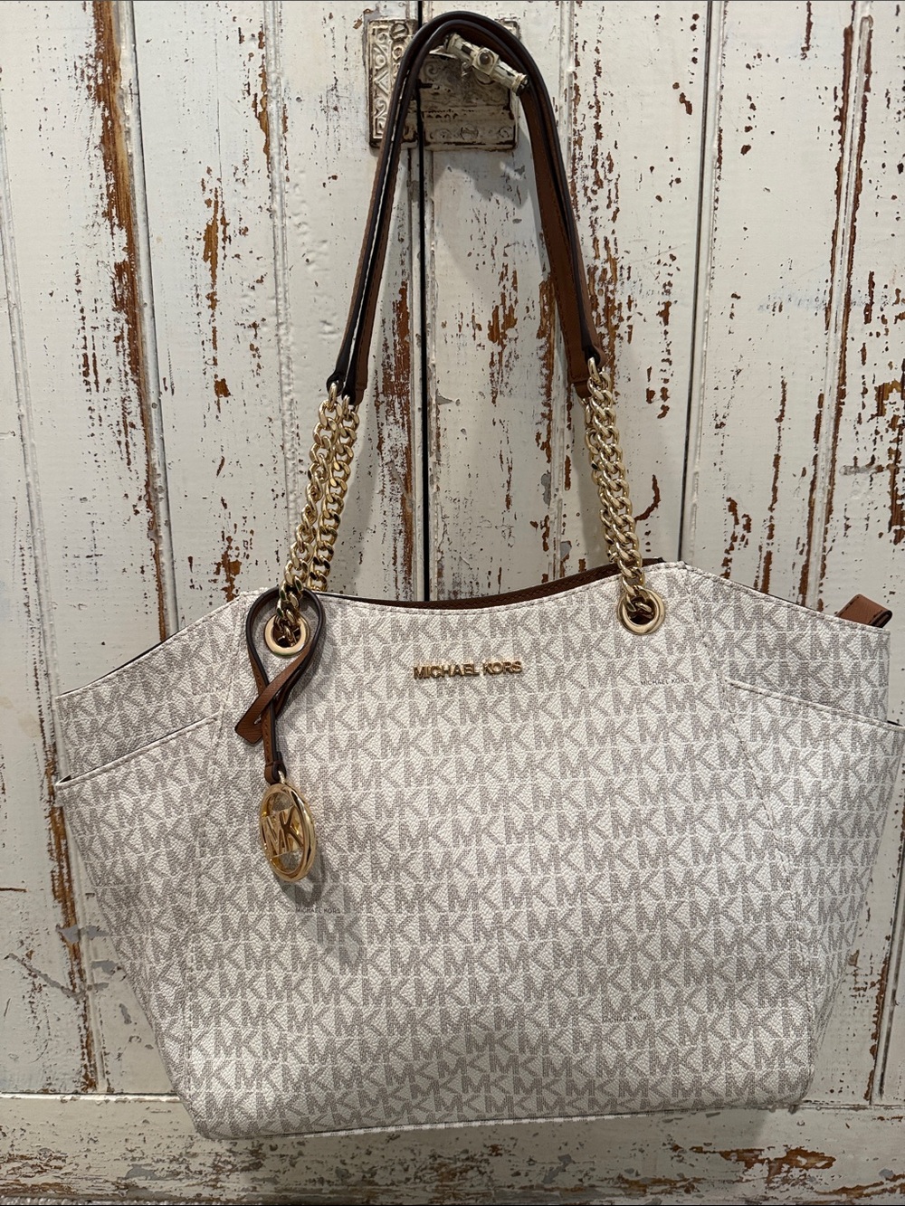 Michael Kors White and Brown MK Logo Tote with Gold Hardware